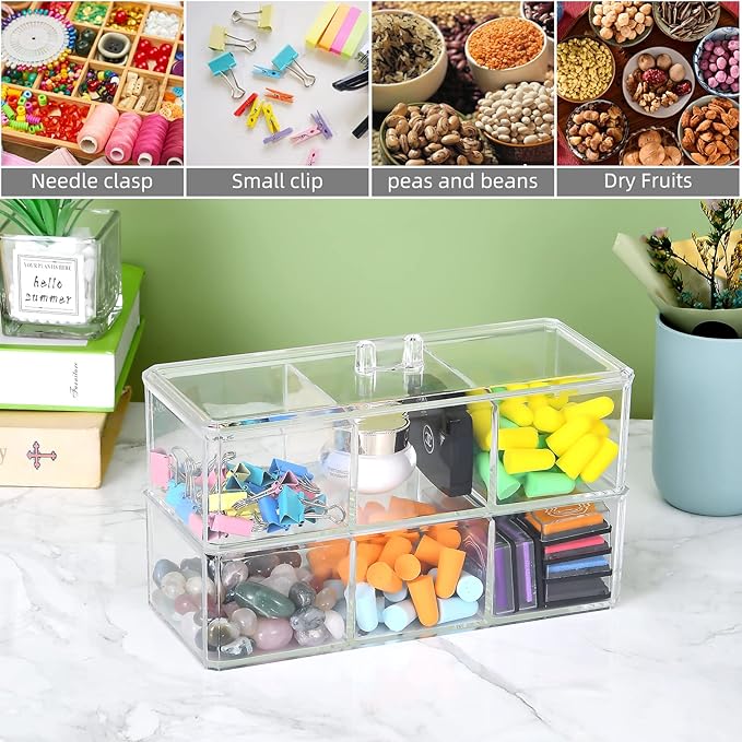 dedoot 3 Compartment Organizer 2 Layers,Plastic Drawer Clear Acrylic Vanity Desk Storage and Organizer, Bathroom Display Storage Container with Lid for Jewelry, Small Items 9.17x3.7X5.82 Inch-NeatNest