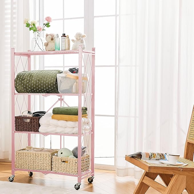 BRIAN & DANY 4-Shelf Foldable Storage Shelves with Wheels, Folding Metal Rack Shelving Unit, Heavy Duty No Assembly Organizer Shelf for Garage, Kitchen, Basement, Pantry, Pink-NeatNest