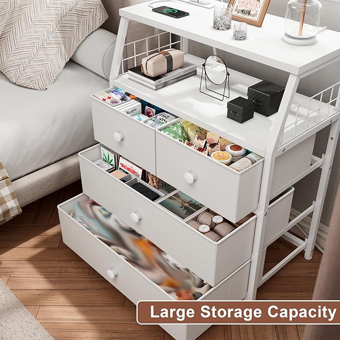 EnHomee Nightstand Set of 2, Night Stand with Charging Station & LED Lights, Bedside Table with 4 Fabric Drawers for Bedroom, Side Table with Outlets and 2 Ports, White