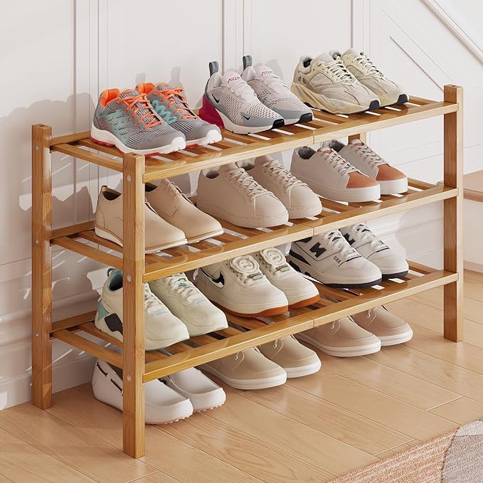 Bamboo Shoe Rack Organizer for Closet and Entryway - Space-Saving Narrow Shoe Stand - Versatile Shoe Holder for Door or Closet Shelf, Bedroom can Freely Stack DIY Small Shoe Racks 3 Tier Bamboo color-NeatNest