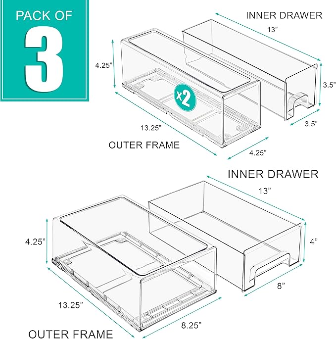 Sorbus Fridge Drawers - Clear Stackable Pull Out Refrigerator Organizer Bins - Food Storage Containers for Kitchen, Freezer, Vanity & Fridge (3 Pack | 1 Medium, 2 Small Stackable Drawer Bins)