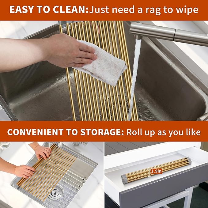 Golden Roll-UP Dish Drying Rack-Large Stainless Steel Dish Drainer Over The Sink for Kitchen Countertop, Applicable for Sink Width Less Than 16.5in (Gold,17.8'x 13.2')