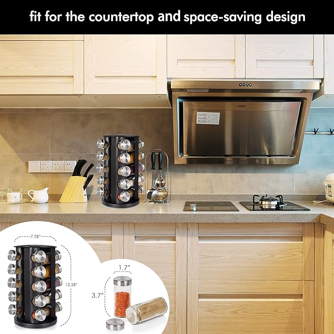 Baker Boutique Spice Rack, Spice Organizer for Countertop, Empty 20-Jars Rotating Rack, Spinning flavoring Rack Shelf, Revolving rack for Kitchen (Black)-NeatNest