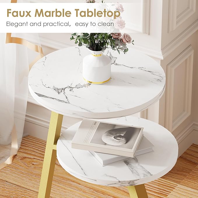 BEWISHOME Round End Table Marble Side Table with Metal Frame, Small Nightstand with 3-Tier Shelves, Night Stand for Living Room Bedroom Tall Gold White Stand KTZ41J-NeatNest