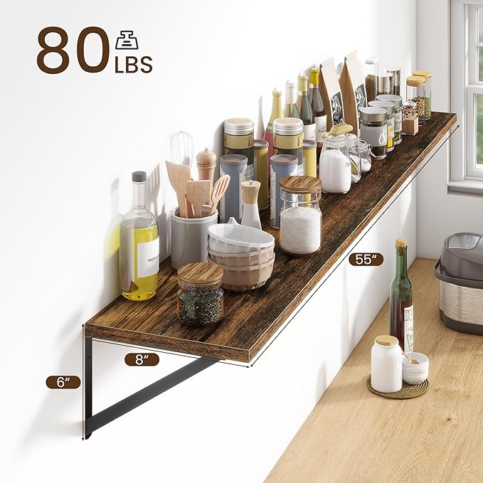 Fun Memories Deep Floating Shelves for Wall, 55W x 8D Wall Mounted Shelves Set of 2, Wide Display Ledge Shelf with Sturdy Metal Brackets for Living Room, Bathroom, Bedroom and Kitchen, Rustic Brown-NeatNest
