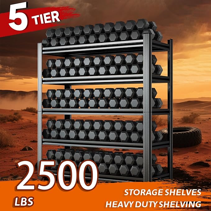 Heavy Duty 5-Tier Shelving Unit 2500LBS Capacity - Adjustable Steel Garage Shelves for Warehouse, Basement Storage(63''H x 39.4''W x 15.7''D)-NeatNest