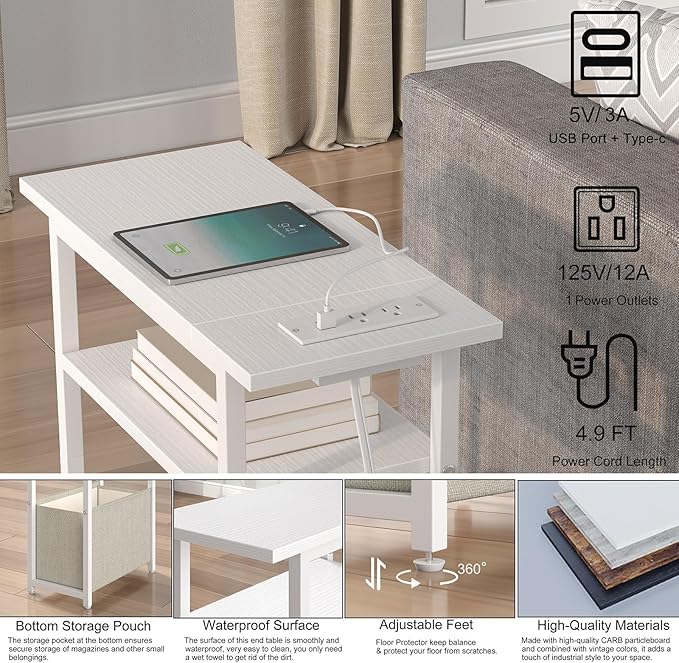 Narrow Side Table with Charging Station, LED End Table Set of 2 for Small Spaces, Skinny Nightstands Set 2 with Storage Basket, 3 Tier Sofa Bedside Tables for Living Room,Bedroom, White