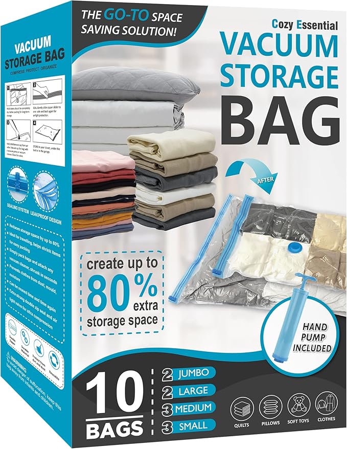 10 Pack Vacuum Storage Bags, Space Saver Bags (2 Jumbo/2 Large/3 Medium/3 Small) Compression Storage Bags for Comforters and Blankets, Vacuum Sealer Bags for Clothes Storage, Hand Pump Included-NeatNest
