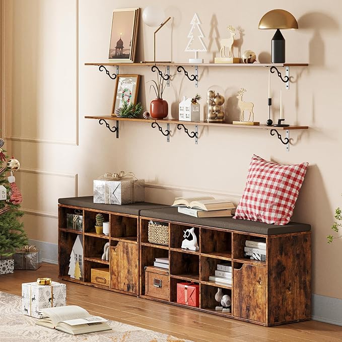 DINZI LVJ Long Wall Shelves, 47.3 Inch Large Floating Shelves Set of 4, Wide Display Shelf Wall Mounted with Brackets, Easy Hanging for Living Room, Toilet, Office, Bedroom, Rustic Brown-NeatNest