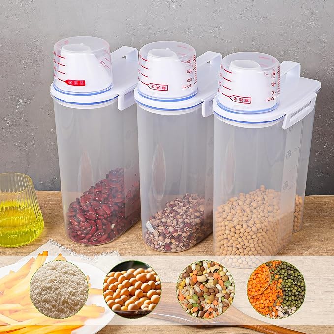 3 Pcs Rice Storage Containers (4 Lbs / 2 Kg Each) – Airtight BPA-Free ABS Plastic Dispenser with Measuring Cup & Pour Spout for Rice, Cereal, Pet Food, and More (Blue + Clear)