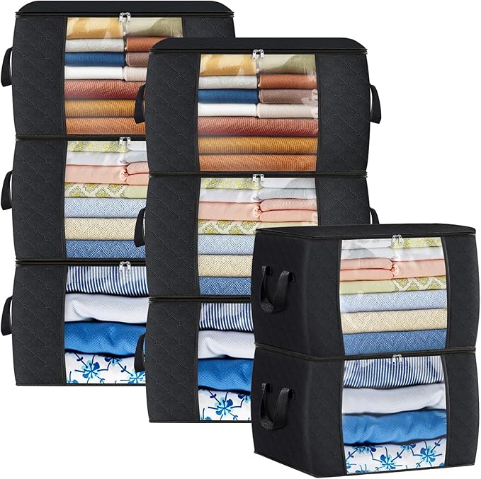 Fab totes 90L Clothes Storage, Foldable Thick Fabric Blanket Storage Bags, Containers for Organizing Bedroom, Closet, Clothing, Comforter, Organization with Handle (8 Pack,Black)-NeatNest