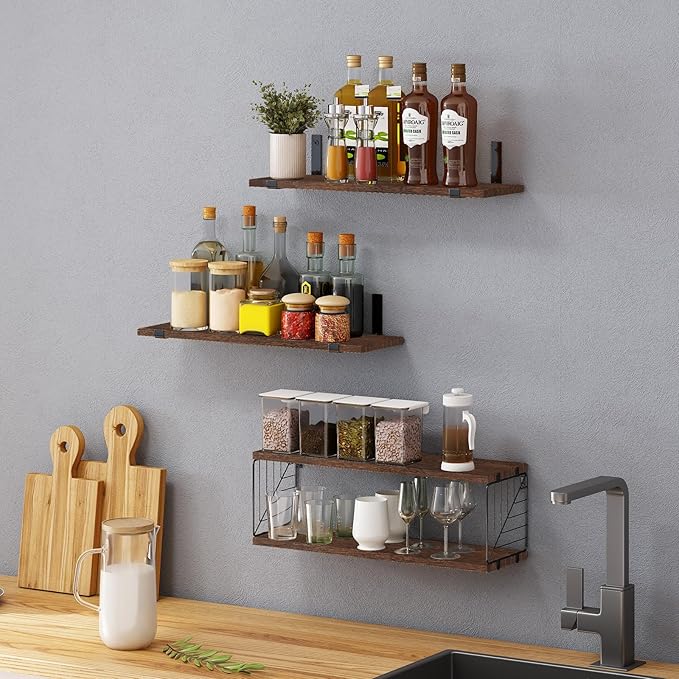 Fixwal 3+1 Tier Bathroom Floating Shelves Over Toilet, 15.8in Farmhouse Rustic Wood Shelves, Wall Decor for Bathroom, Living Room,Bedroom and Kitchen (Dark Brown)-NeatNest