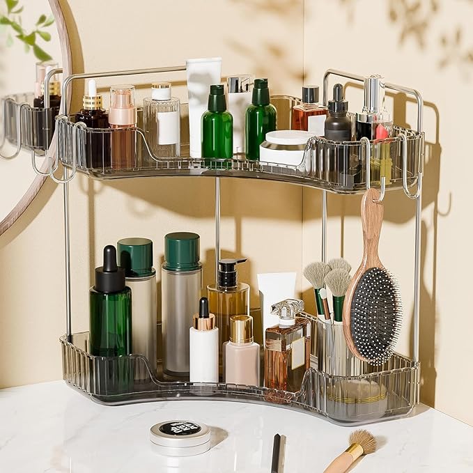 Makeup Organizer for Vanity 2 Tier Bathroom Organizers and Storage Countertop with Hooks Skin Care Exquisite Vanity Organizers Corner Bathroom Counter Storage-Cray-NeatNest