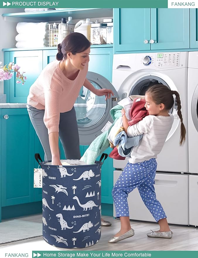 FANKANG Storage Basket, Nursery Hamper Canvas Laundry Basket Foldable with Waterproof PE Coating Large Storage Baskets for Kids Boys and Girls, Office, Bedroom, Clothes,Toys(Blue dinosaur)