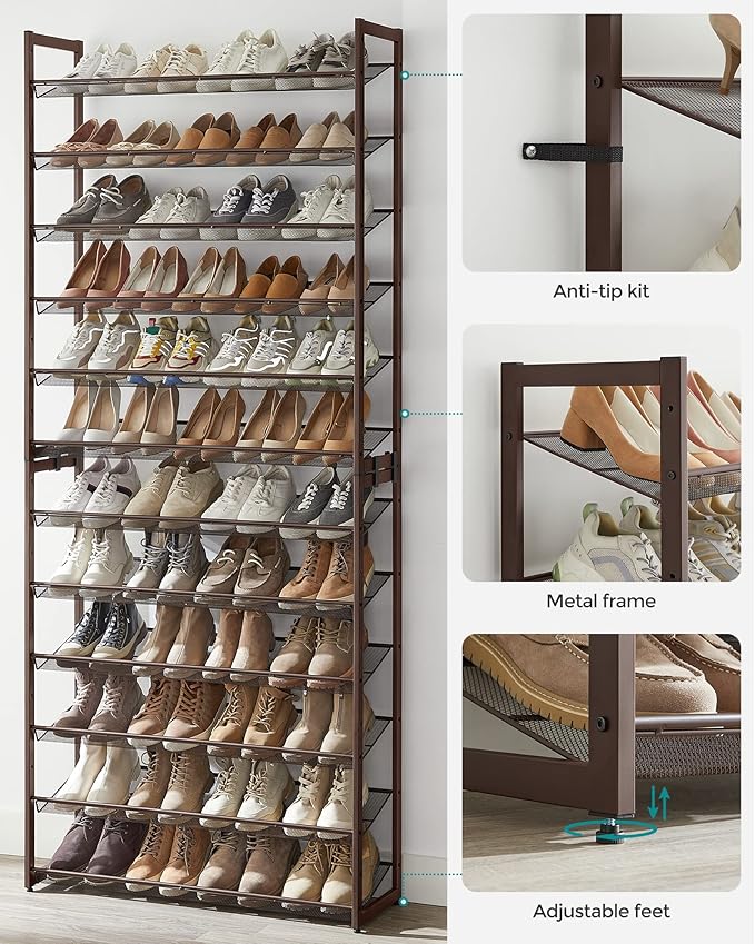 SONGMICS Shoe Rack, 12-Tier Shoe Organizer, Metal Rack for Garage, Set of 2, 6-Tier Stackable Shelf, with Adjustable Flat or Angled Shelves, Holds 48-60 Pairs, Bronze ULMR12A-NeatNest