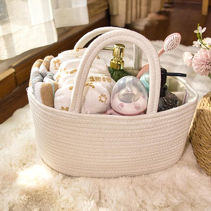 Baby Diaper Caddy Girl Boy Organizer Small Woven Baskets With Handle, Cotton Rope Tote For Shower Nursery, Decorative Medium Storage Baskets For Shelves,Unique Gift Baby