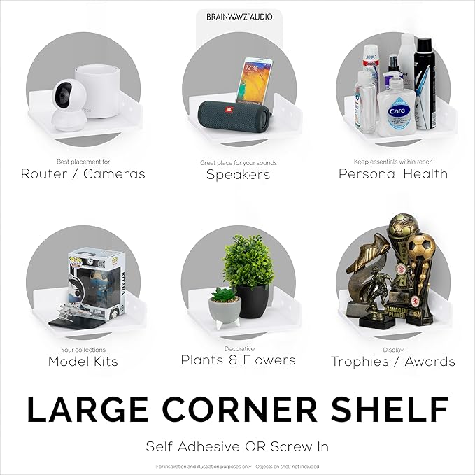9" Small Corner Shelf Mount, Adhesive & Screw in, for Speakers, Cameras, Baby Monitors, Plants, Books Electronics, Collectibles & More, Floating Shelves (White) by Brainwavz-NeatNest