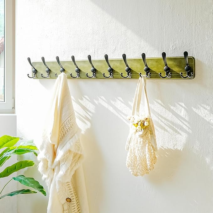 Dseap Coat Rack Wall Mount - 38-1/4" Long, Heavy-Duty, 10-tri-Hooks, Barnwood-Style Wooden Wall Coat Hanger Hook Rail for Winter Coats Hat Jacket Clothing, Weathered Green & Black