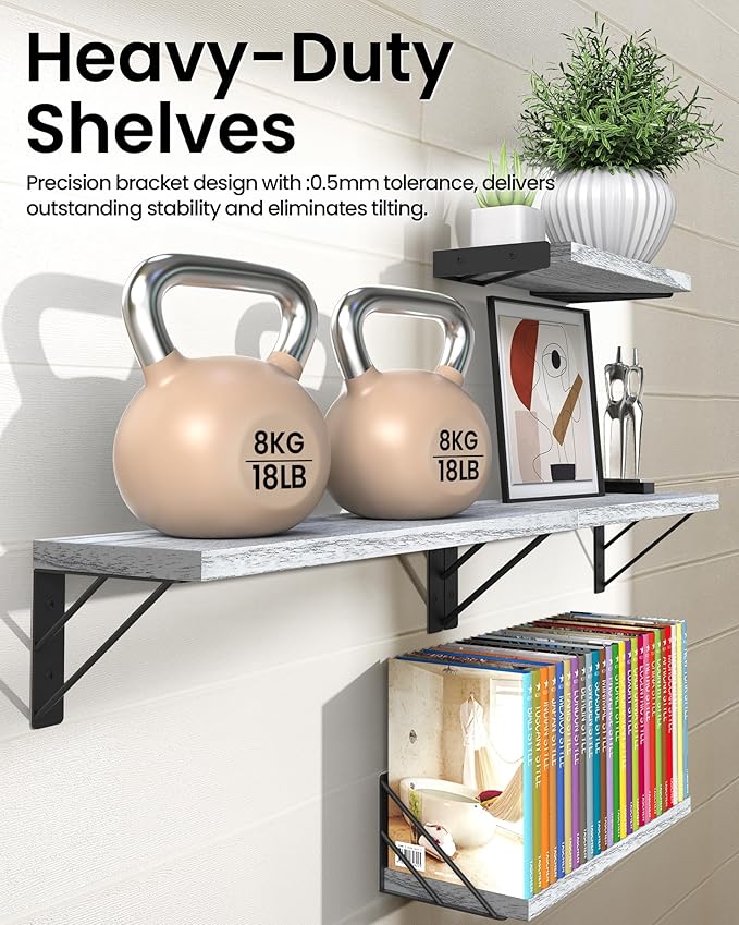 BAYKA Wall Shelves for Bedroom Decor, Floating Wall Shelves for Living Room Kitchen Storage, Wall Mounted Rustic Wood Floating Shelves for Kids Books, Corner Shelf for Bathroom(Gray White,Set of 4)-NeatNest