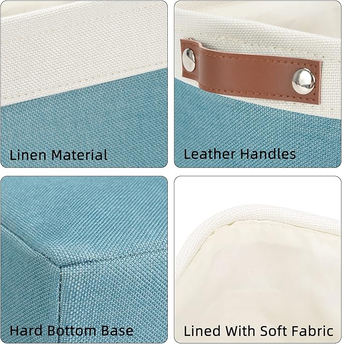DULLEMELO Fabric Bathroom Storage Bin with Leather Handles, Narrow Organizer for Towels, Toilet Paper Rolls, Storage Basket for Back of Toilet, Vanities, Shelves & Cabinets (White&Teal)-NeatNest