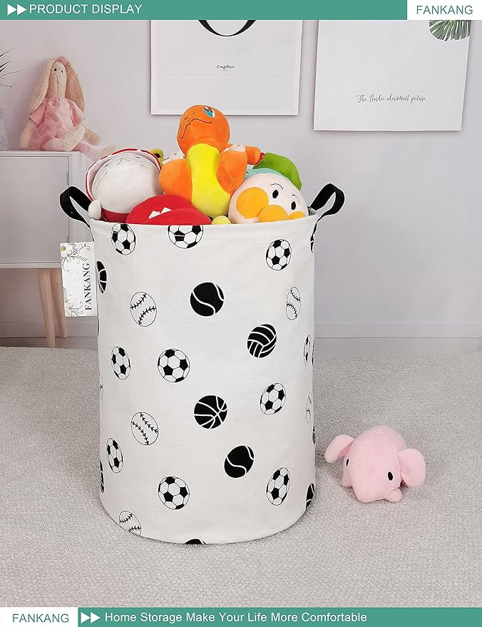 FANKANG Storage Basket, Nursery Hamper Canvas Laundry Basket Foldable with Waterproof PE Coating Large Storage Baskets for Kids Boys and Girls, Office, Bedroom, Clothes,Toys(Football)