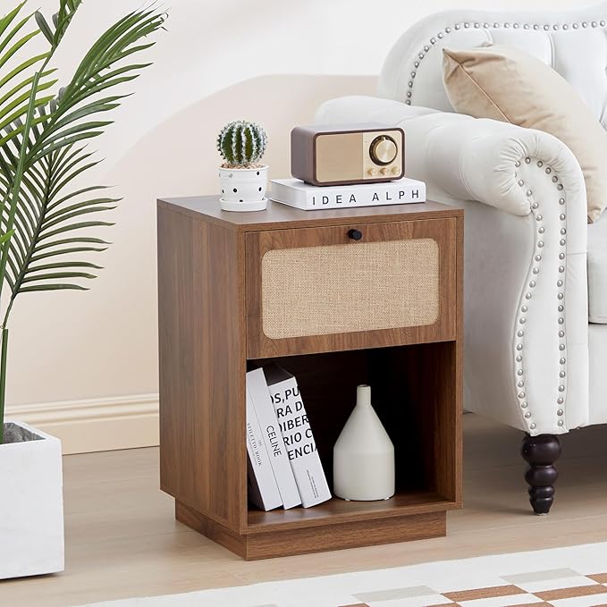 Mid Century Night Stand with Drawer, Farmhouse End Table with Storage & Curved Linen Panel, Modern Nightstands Bedside Table Small Side Tables for Small Space, Bedroom (Walnut)