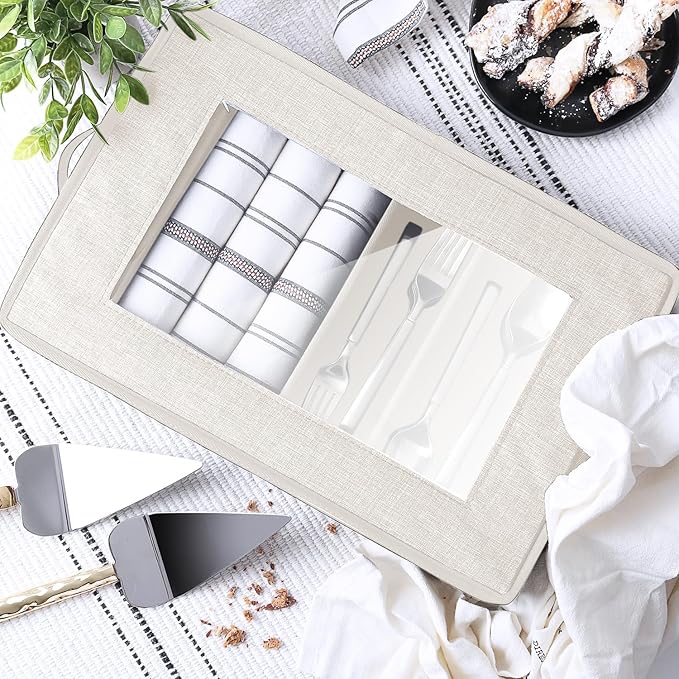 Flatware & Utensil Storage, Durable Silverware Storage Box with Padded Dividers, 5 Compartment Flatware Storage Case, Silverware Case with Handles, Protects and Organizes Cutlery, Cream-NeatNest