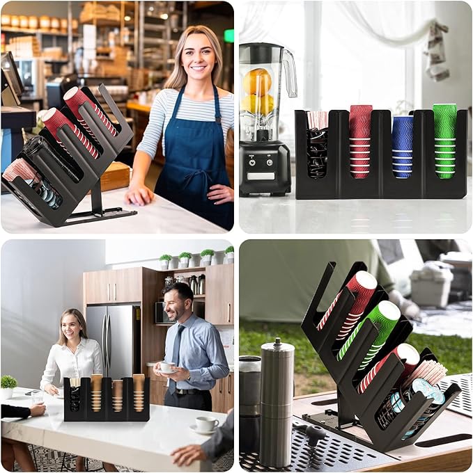 Coffee Cup and Lid Holder Organizer,Adjustable Dispenser with Coffee Pod and Straw Storage Basket, Disposable Cup Holder for Countertop-NeatNest