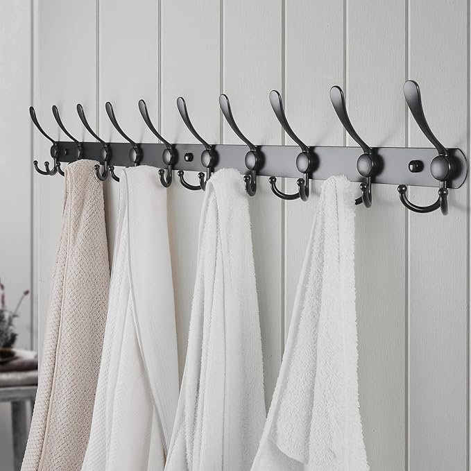 Dseap Coat Rack Wall Mount - 38” Long 10-Tri-Hooks Heavy Duty Coat Hanger Rail Wall Hooks for Hanging Coats Hats Clothing Clothes Purse Mudroom Entryway, Black, Pack of 2-NeatNest