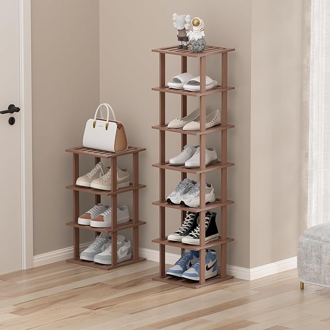 Bamboo Shoe Rack for Front Door Entrance, Brown Vertical Shoe Rack - Tall Narrow Shoe Rack Organizer for Small Spaces, Wooden Shoe Shelf for Closet and Entryway, Space Saving 7 Tier Stackable-NeatNest