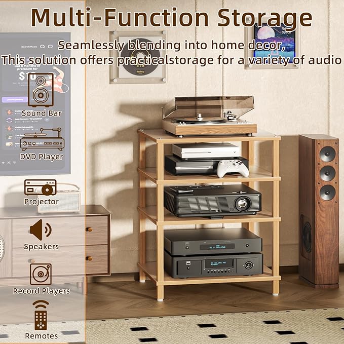 4-Tier AV Media Player Stand, Natural Stereo Cabinet, Modern Audio Shelf, Wooden TV Stand,Game Console Shelf, Multifunctional Entertainment Center, Suitable for Home, Conference Room, Game Studio-NeatNest