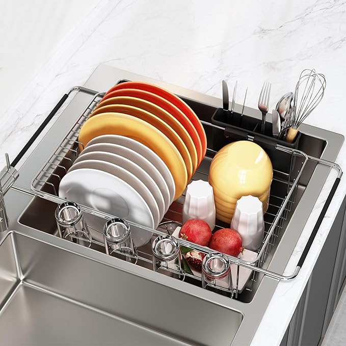 romision in Sink Dish Drying Rack, Stainless Steel Dish Drainers for Kitchen Sink, Use for Countertops & in Sinks & Over Sink, Compact Dish Dryer Racks with Utensil & Cup Holder, Sliver