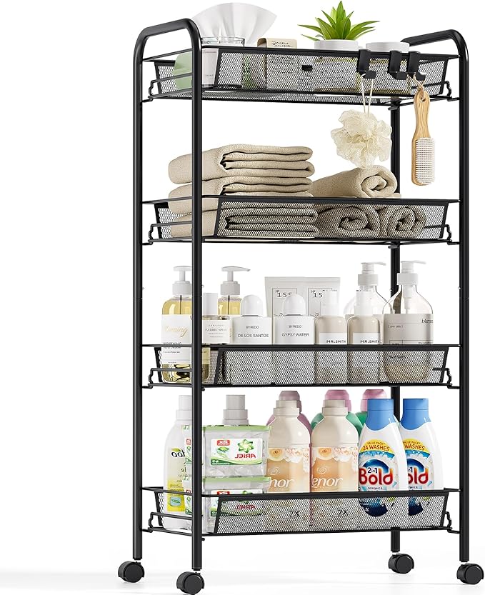 4-Tier Metal Utility Cart, Mesh Wire Rolling Cart on Wheels, Storage Trolley with Easy Assembly, Organizer Craft Cart 3 Hooks, Mobile Shelving Unit for Bathroom, Laundry Room, Home