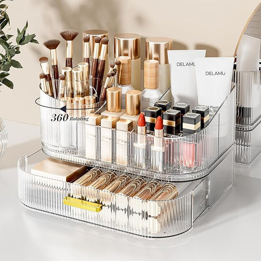 Delamu Makeup Organizer for Vanity with Stackable Drawers, 360 Rotating Makeup Brush Holder Large Cosmetic Display Case for Dresser, Bathroom Countertop Skincare Organizers and Storage, Crystal Clear-NeatNest