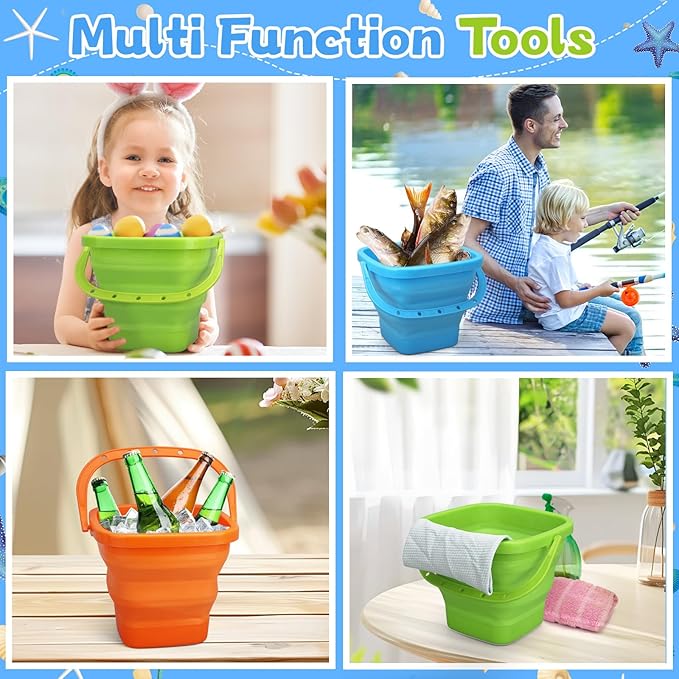 Jumbo Beach Sand Bucket Toy for Kids, 3L Collapsible Sandbox Pail, Easter Buckets, 3 Pack Multi Use Tool for Garden, Planting, Camping, Storage Fishing, Washing, Summer Holiday Travel Birthday Gifts-NeatNest