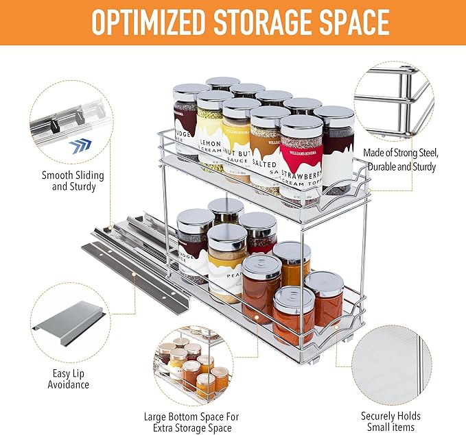 BBV Spice Rack Organizer, Double layer Seasoning Organizer for Cabinet Countertop, Kitchen, Pantry, Sliding Metal Chrome Spice Organization (5 inch)-NeatNest