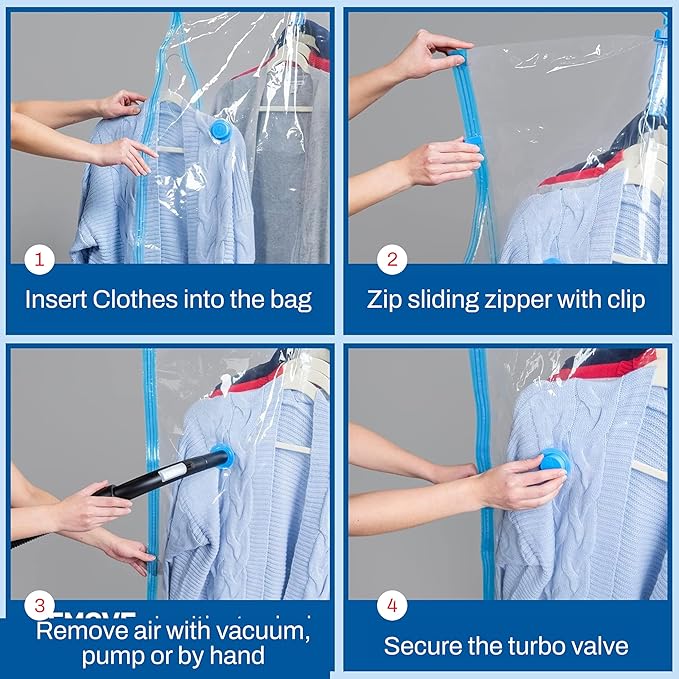 4 Pack Hanging Vacuum Storage Bags for Jackets, Clothes, Suits and Dresses – Vacuum Sealed Compression Bags with Hand Pump – Space Saver Storage Bags for Moving, Travel & Organization (2S & 2L)