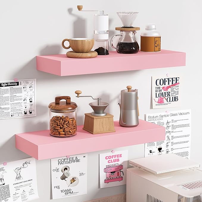 BAMEOS Pink Floating Shelves for Wall, 16" x 6" Wall Shelves for Room, Floating Book Shelves, Hanging Shelves for Bedroom, Bedroom, Living Room, Kitchen (Set of 2)-NeatNest