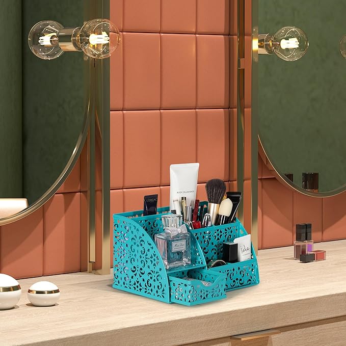 EasyPAG Desk Organizer with Sliding Drawer - 6 Compartments Metal Desktop Caddy, Decorative Elegant Hollow Flower Design, Anti-Scratch Pads for Home, Office, School, Dark Teal-NeatNest
