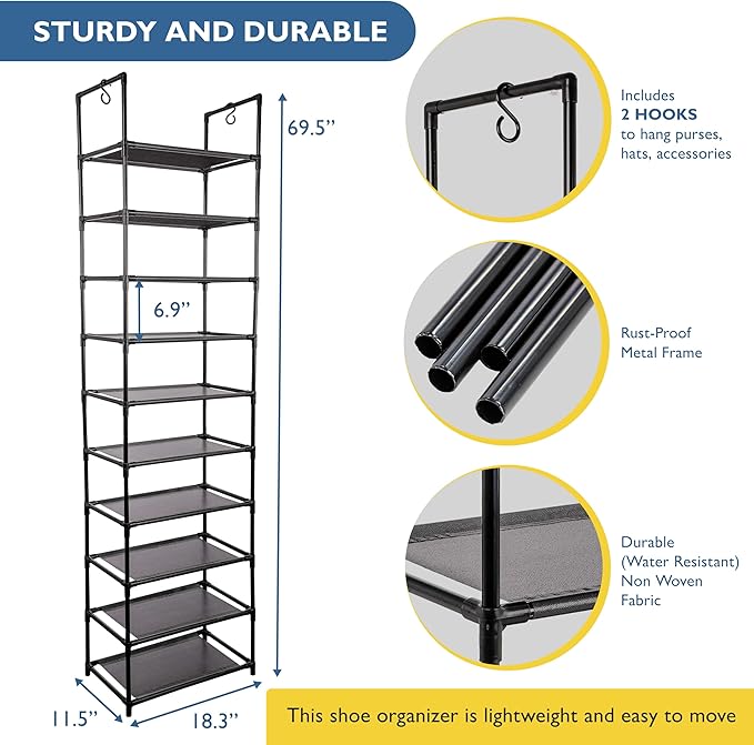 Sundaze Shoe Rack - 10 Tier Tall Shoe Rack for Closet, Sturdy Stackable Shoe Organizer for Closet, Bedroom, Entryway, Garage, Non Woven Fabric Shelf, Black, Holds 20-30 Pairs-NeatNest