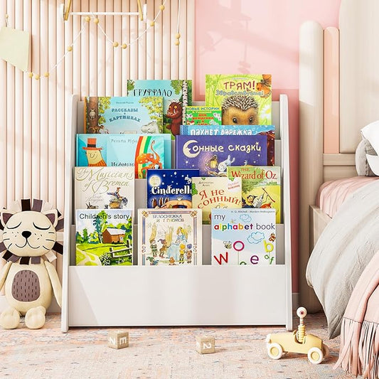 Costzon 4-Tier Kids Bookshelf, Front Facing Children Bookcase with Deep Compartments, Magazine Storage Rack for Kids Bedroom, Playroom, Nursery, Classroom, Kindergarten (White)-NeatNest