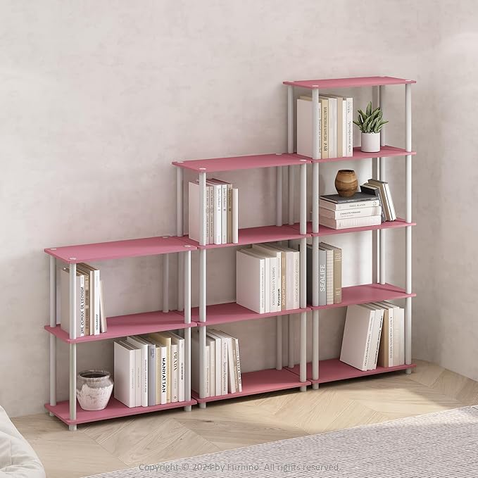 Furinno Turn-N-Tube Multipurpose Shelf / Display Rack / Storage Shelf / Bookshelf, 5-Tier Round Tube, Pink/White-NeatNest
