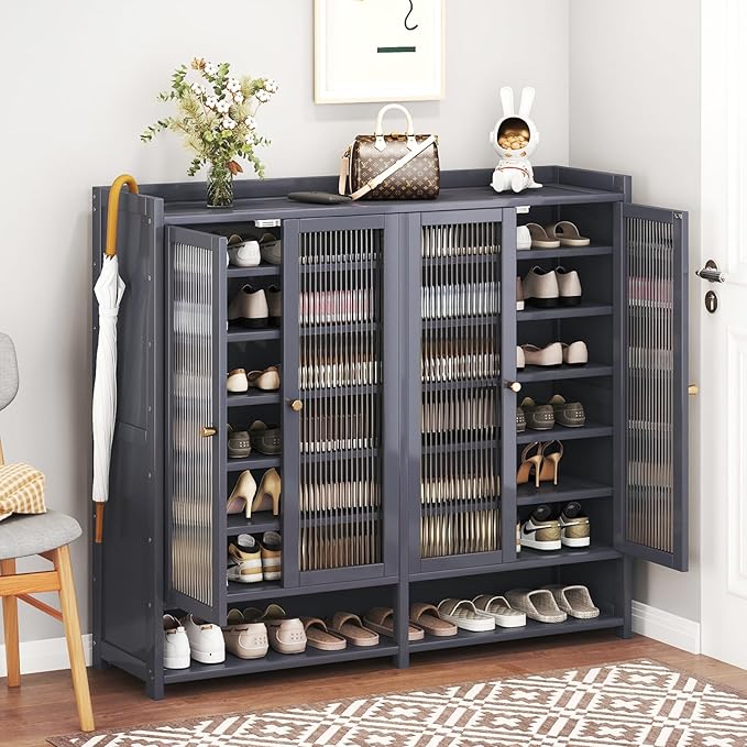 Bamboo Shoe Cabinet, 8-Tier Shoe Storage Cabinet with Doors, Freestanding Bamboo Shoe Rack Organizer with Shelves for Entryway, Hallway, Closet, Living Room (Grey-01)