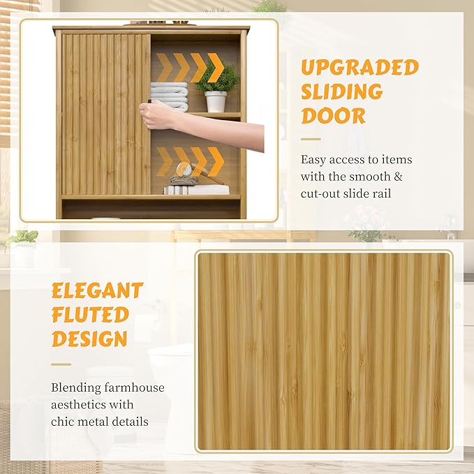 BlueWish Over The Toilet Storage Cabinet, Bamboo Over Toilet Storages with Fluted Door, Over The Toilet Cabinet Bathroom Organizer, Bathroom Shelf Over The Toilet, Storage Rack, Natural-NeatNest