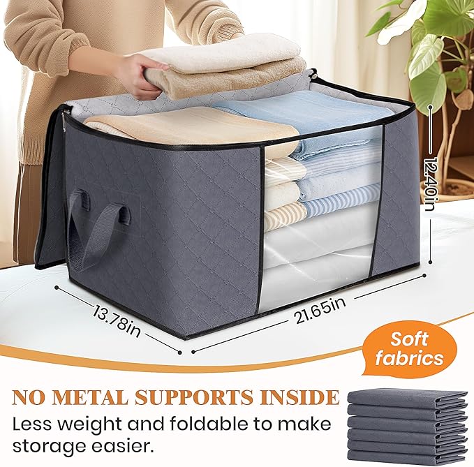 Fab totes 6 Pack Clothes Storage, Foldable Thick Fabric Blanket Storage Bags, Containers for Organizing Bedroom, Closet, Clothing, Comforter,Closet Organization with Handle,Grey-NeatNest