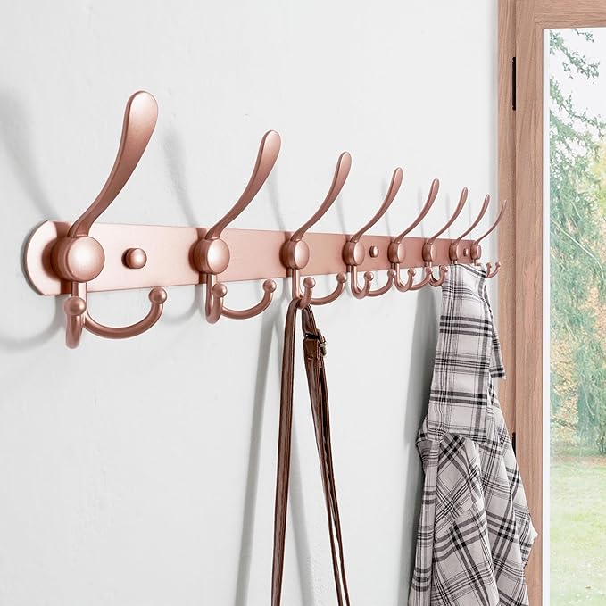 Dseap Coat Rack Wall Mount - 29.5” Long 8-Tri-Hooks Heavy Duty Coat Hanger Rail Wall Hooks for Hanging Coats Hats Clothing Clothes Purse Mudroom Entryway, Rose Gold, Pack of 2-NeatNest