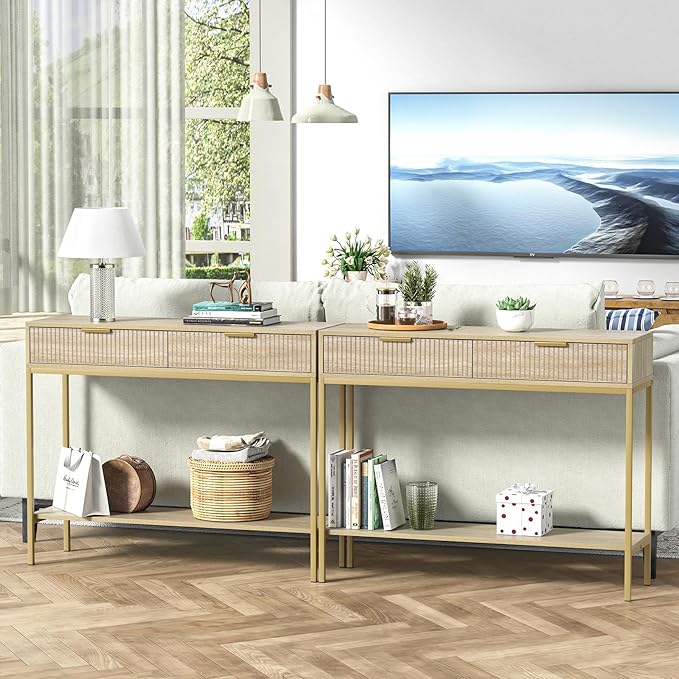 Anmytek Console Table with Storage, Wood Entryway Table with 2 Drawers, Narrow Long Sofa Table Hallway Foyer Table with Storage Shelves Behind Couch Table for Living Room, H0117-NeatNest