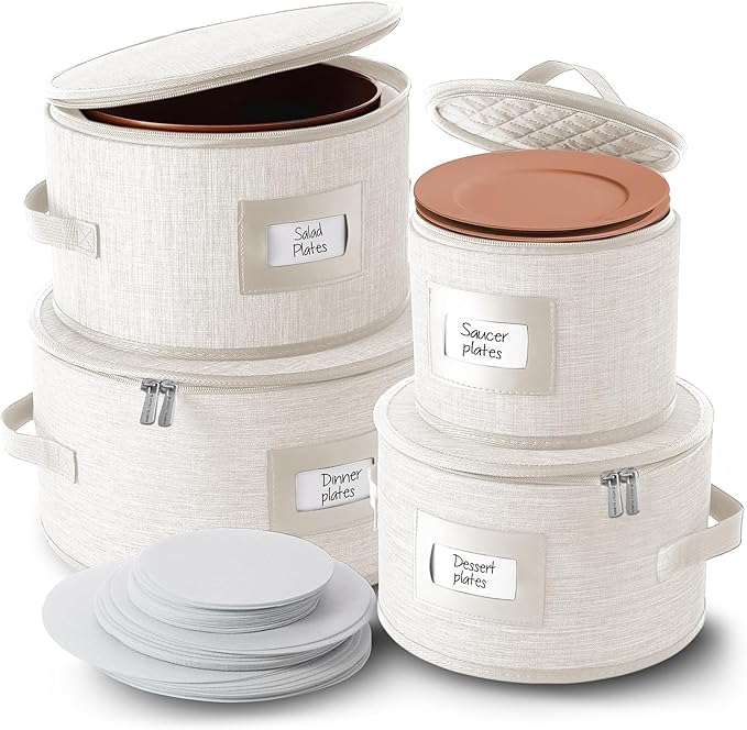 Fine China Storage Containers Hard Shell, 4 Piece Dish Storage Containers, Quilted Plate Containers, Stackable Dish Organizer with Dividers, Dinnerware Storage for Moving and Seasonal Storage, Cream-NeatNest