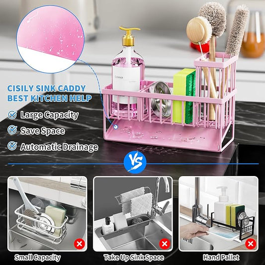 Cisily Pink Kitchen Sink Caddy Organzier with High Brush Holder, Sponge Holder for Sink, 304 Rustproof Stainless, Kitchen Countertop Soap Dispenser Organizer-NeatNest