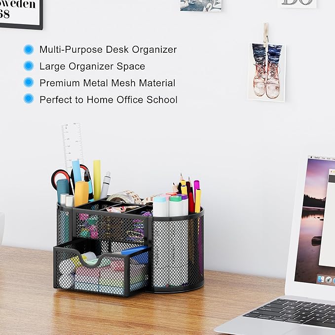 EasyPAG Mesh Desk Organizer, Multi-functional Stationery Organizer for School Supplies, Office Pen Holder for Desk, 9 Compartments Dorm Organization with Drawer, Black